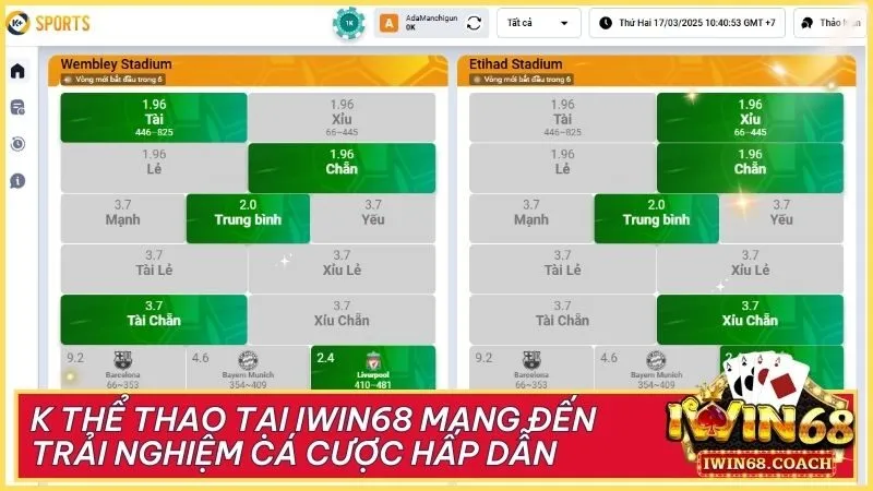 K thể thao tại Iwin68 mang đến trải nghiệm cá cược hấp dẫn
