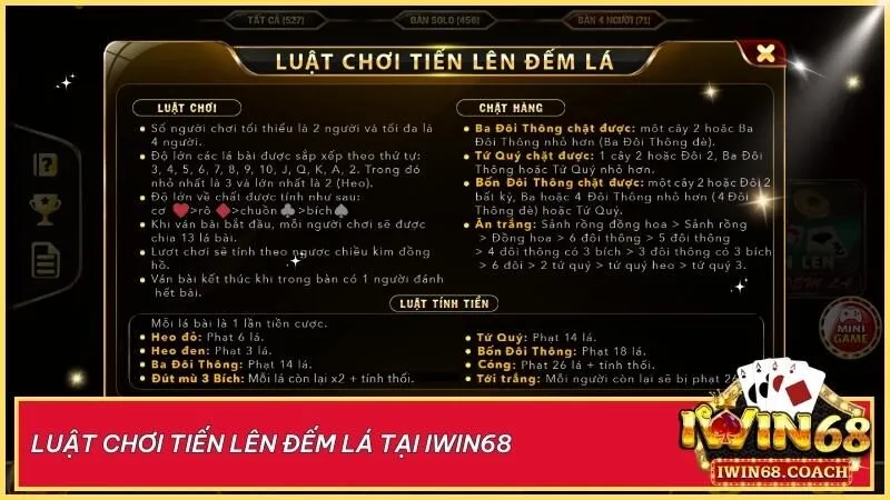 Trải nghiệm Tiến Lên Đếm Lá tại Iwin68 với lối chơi hấp dẫn. Hết bài nhanh chóng và tránh các mức phạt nặng khi thối bài.