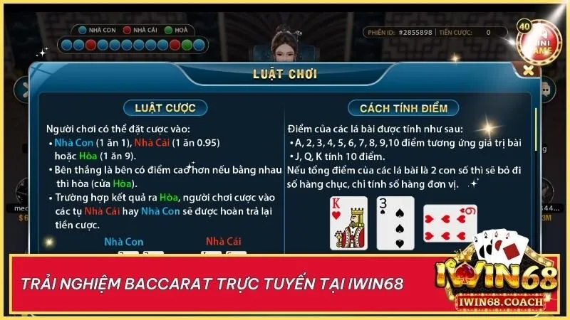 Trải nghiệm baccarat tại Iwin68 với giao diện hiện đại, tính năng đa dạng và cơ hội nhận nhiều ưu đãi hấp dẫn, phù hợp cho mọi cấp độ người chơi